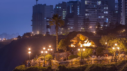 El Parque del Amor or Love park day to night timelapse in Miraflores after sunset, Lima, Peru.