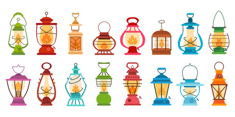 Camping lantern set. Vector of camping equipment.