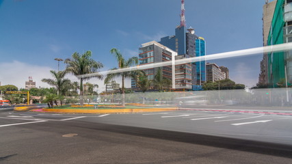 Major road intersection on Plaza Grau square with traffic timelapse hyperlapse in Lima.