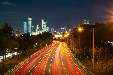 Fototapeta na wymiar The night view and car trace of freeway Entering Yeouido, Seoul, South Korea