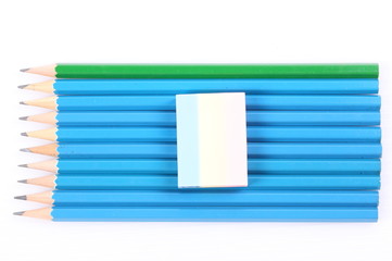 Blue and green Pencil and white rubber isolated on white background