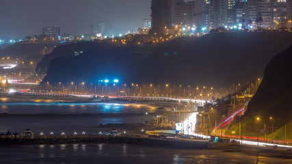 Fototapeta na wymiar Aerial view of Lima's Coastline in the neighborhood of Miraflores day to night timelapse, Lima, Peru