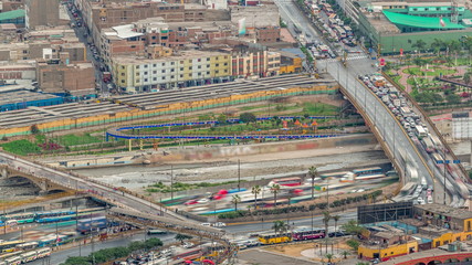 Aerial view of Lima skyline timelapse near Plaza de Toros de Acho bullring from San Cristobal hill.