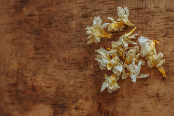 dry yellow white flowers on a wooden vintage table texture