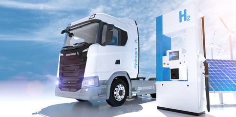 hydrogen logo on gas stations fuel dispenser. h2 combustion Truck engine for emission free...