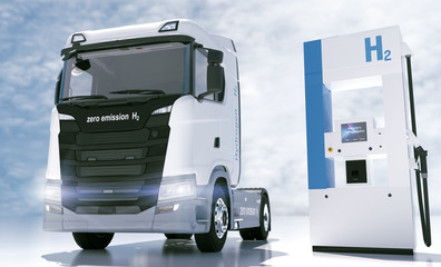 hydrogen logo on gas stations fuel dispenser. h2 combustion Truck engine for emission free...