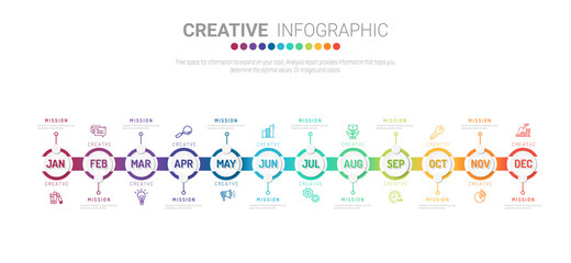 Timeline business for 12 months, 1 year, Timeline infographics design vector and Presentation business can be used for Business concept with 12 options, steps or processes. 