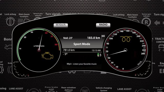 Service diagnosis check concept.4k animated footage-Car instrument cluster with check engine light, abs, coil,water temperature,stop light flashing. DTC error. Gauges changing-speed and acceleration.