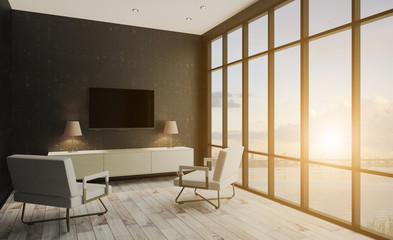 Interior of a living room with a large window. TV weighs on the wall. Chairs on the parquet floor. Sunset. 3D rendering