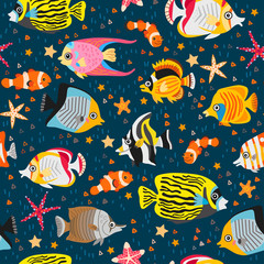 A seamless pattern with exotic tropical fishes