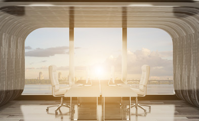 black-white design interior of a business center.. 3D rendering.. Sunset