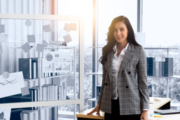 Portrait of young caucasian business woman, smile and confident present data report on chart  in a maketing meeting at office, professional presentation.