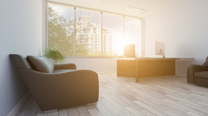 Head office with a large window. modern furniture.. 3D rendering. Sunset