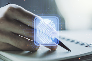 Abstract creative fingerprint illustration with man hand writing in diary on background, personal biometric data concept. Multiexposure