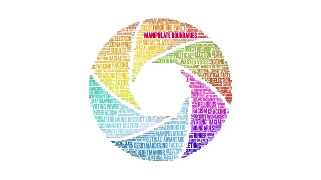 Manipulate Boundaries with Gerrymandering animated word cloud on a white background. 
