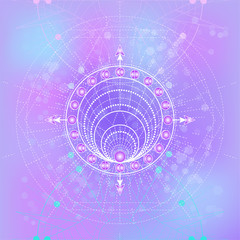 Vector illustration of Sacred geometry symbol on abstract background. Mystic sign drawn in lines. Image in purple color.