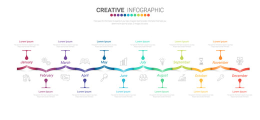 Year planner, 12 months, 1 year, Timeline infographics design vector and Presentation business can be used for Business concept with 12 options, steps or processes. 
