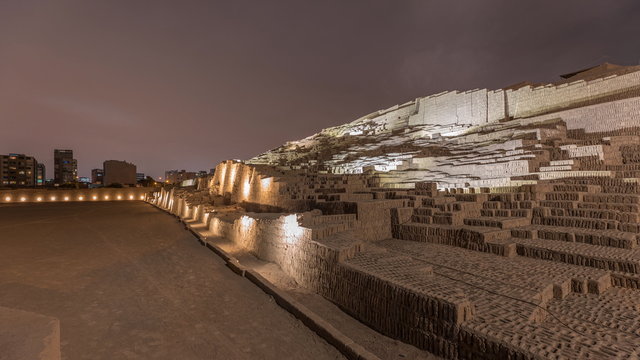 Pyramid of Huaca Pucllana day to night timelapse, pre Inca culture ceremonial building ruins in Lima, Peru