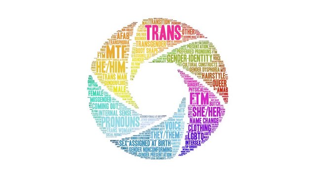 Trans animated word cloud on a white background. 