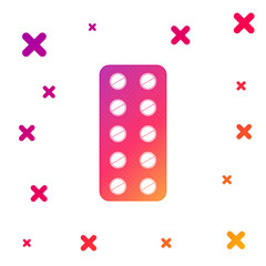 Color Pills in blister pack icon isolated on white background. Medical drug package for tablet: vitamin, antibiotic, aspirin. Gradient random dynamic shapes. Vector Illustration
