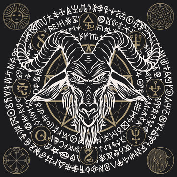 Vector illustration with a horned goat head, pentagram, occult and witchcraft signs. The symbol of Satanism Baphomet and magic runes written in a circle on the black background