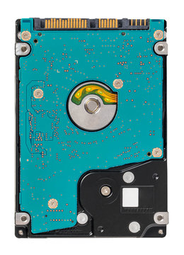 Hard drive (HDD) isolated on white background. Laptop internal hard disk memory over isolated  white background.  computer hard disk port connector. memory board with circuit details.
