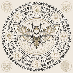 Vector illustration with a butterfly Dead head with skull-shaped pattern on the thorax in retro style. Hand-drawn banner with magical symbols, occult signs and runes written in a circle