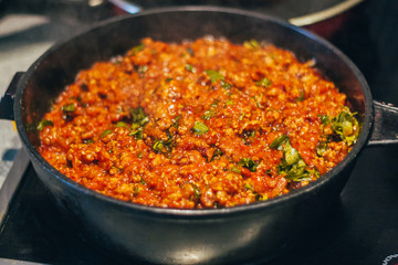 Minced meat, vegetable and tomato paste bolognese sauce - lasagna filling
