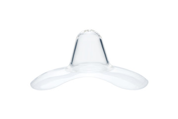 Contact nipple shield nippleshield for breastfeeding with latch difficulties or flat or inverted nipples, side view transparent silicone nipple protectors isolated on white background nobody.