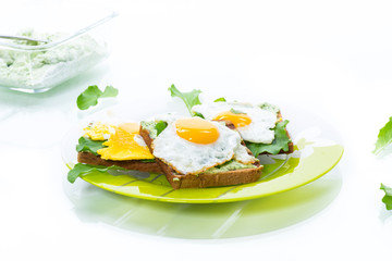 fried toast with cheese spread of arugula and fried egg in a plate