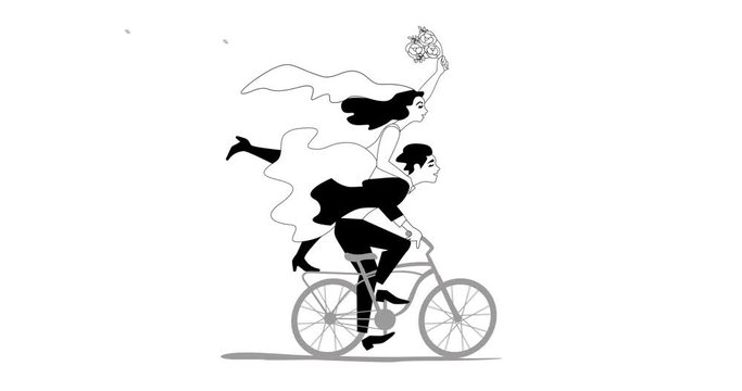 Just married happy couple bride and groom riding bicycle with flower bouquet. 2d, animation, cartoon, illustration, clip art, vector. Web page sign in black and white. Alpha channel. Time lapse.