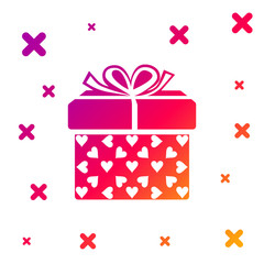 Color Gift box and heart icon isolated on white background. Packaging Valentine's Day. Beautiful festive box tied with ribbon and bow on top. Gradient random dynamic shapes. Vector Illustration