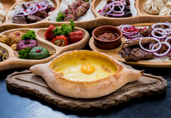 Georgian cuisine food set. Georgian restaurant. Restaurant background.
