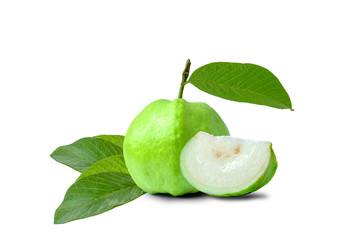 Guava, fruits and guava leaves, fruits with high vitamin C help strengthen the immune system, separated on a white background.