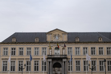 The Grote Markt, the Provinciaal Hof gothic building, and Historium building in Bruges, Belgium