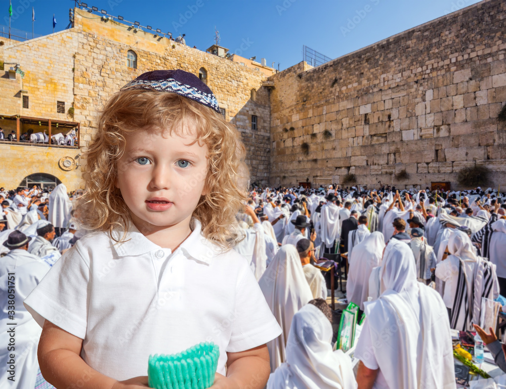 Wall mural llittle jewish boy with side curls in yarmulke