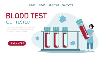 Flat vector illustration of doctor with test tube and woman,  blood test with text blood test  isolated on blue background. Template for website, landing page, banner 