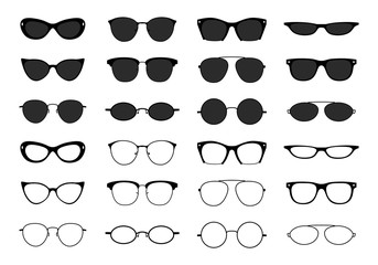 Glasses collection. Geek eyeglasses and sunglasses. Black spectacles silhouette. Vector fashion optical eyewear shapes icon set - obrazy, fototapety, plakaty