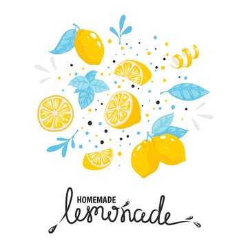 Homemade Lemonade Hand Drawn Typography. Summer Natural Cold Cocktail With Lemon. Vector Handmade Drink Sketch Lemon Illustration Sticker