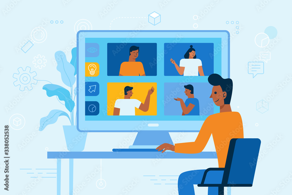 Poster vector illustration in simple flat style with chatacyers - video conference and online meeting inter