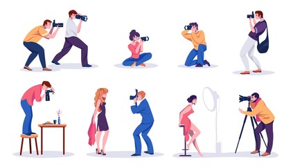 Fototapeta na wymiar Photographers and models. Paparazzi, bloggers, journalists and professional photographers shooting photos and posing at camera. Vector illustration professionals content making concept