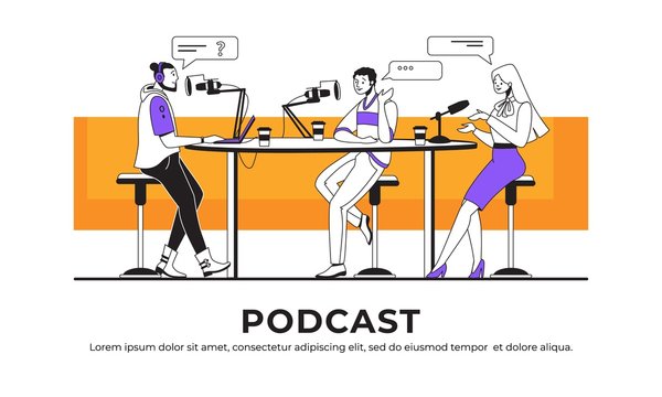 Podcast Interview. Blogger Or Radio Host Interviewing Guest And Streaming Online, Broadcast Interview Concept. Vector Image Podcast Recording Internet Or Radio Show