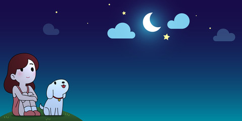 Fototapeta na wymiar Girl and puppy sitting and look up to the moon in night sky cartoon background with copy space