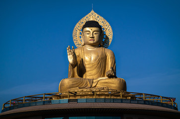 Obraz premium A Buddhist statue enshrined in a famous Hongbeopsa temple in Busan, South Korea.