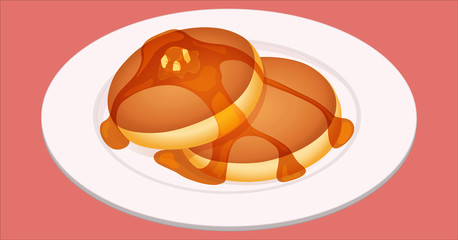 アイソメトリック　ホットケーキ　パンケーキ　メープルシロップ　お皿　イラスト