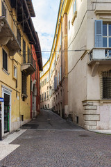 Quiet streets of the old city of Verona. Vicolo Osite street corner in Verona, Italy