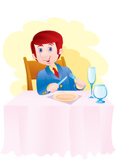 man sitting at a table in a restaurant or cafe, isolated object on a white background, vector illustration,