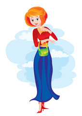 elegant woman in a skirt stands with a small green bag in her hands, isolated object on a white background, vector illustration,