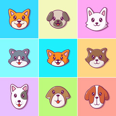 Cute Dog Face Collections Vector Icon Illustration. Breed of Dog Face. Animal Icon Concept White Isolated. Flat Cartoon Style Suitable for Web Landing Page, Banner, Flyer, Sticker, Card, Background