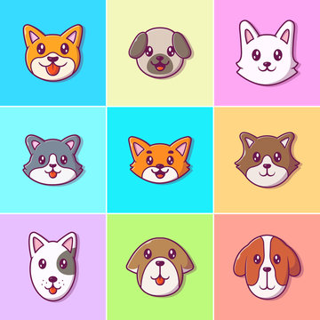 Cute Dog Face Collections Vector Icon Illustration. Breed of Dog Face. Animal Icon Concept White Isolated. Flat Cartoon Style Suitable for Web Landing Page, Banner, Flyer, Sticker, Card, Background